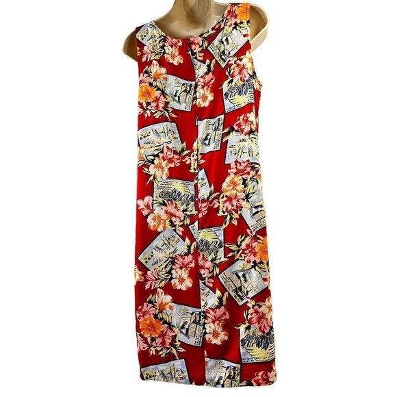 70s Villager Liz Claiborn Hawaiian Shift Dress Rayon Sleeveless Womens M Red - Picture 9 of 9